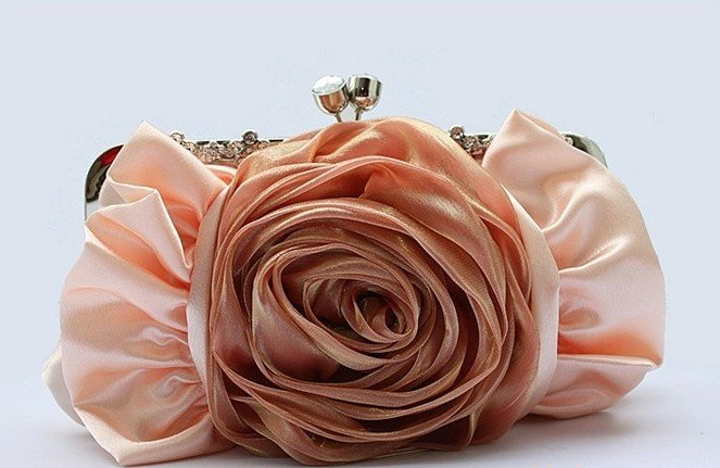 Pink Rose Crystal Flowers Frame Satin Wedding Party Evening handbagClutch