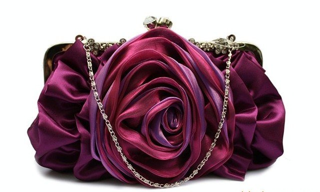 Purple Rose Crystal Flowers Frame Satin Wedding Party Evening handbagClutch