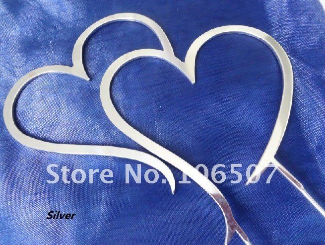 45 Gorgeous Monogram Metal Double Heart Wedding Cake Topper Silver FREE