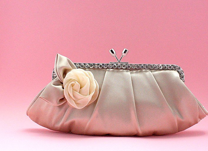 New Designbeige satin flower evening wedding party handbagpurse clutch
