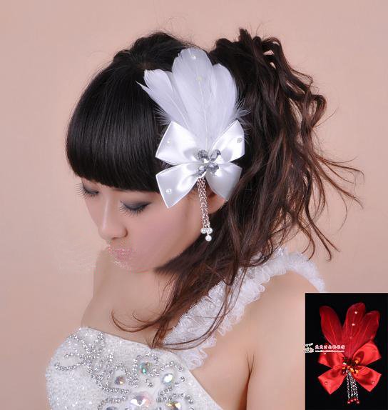Red and white bridal jewelry 19CM large headdress feathers ribbons 