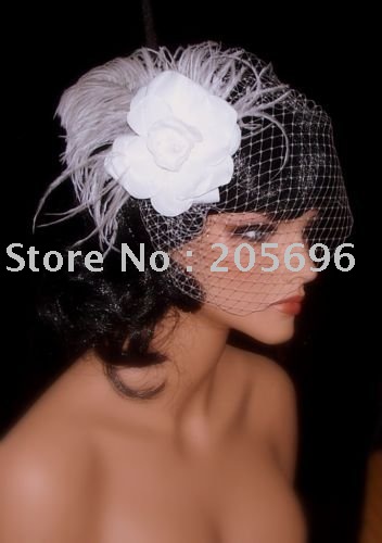 White bridal feather headdress large peony flower head with face veil 