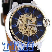 Skeleton Leather Band Atuo Mens Mechanical Watch blue