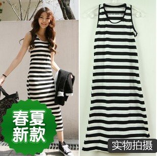 White Cotton Dress on Strips Dress Cotton Dress Fashion Casual Sleeveless Tanktop Dress