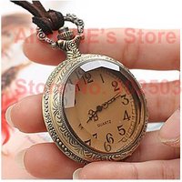 Grabado Vintage reloj de bolsillo, relojes de moda collar, la superficie de vidrio Brown, el caso del cobre + envío gratuito (China (continental))