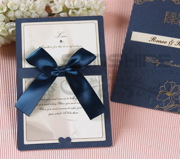 invitation card wedding cards CMB blue color with ribbon decoration