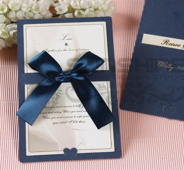 invitation card wedding cards CMB2 blue color with ribbon decoration 