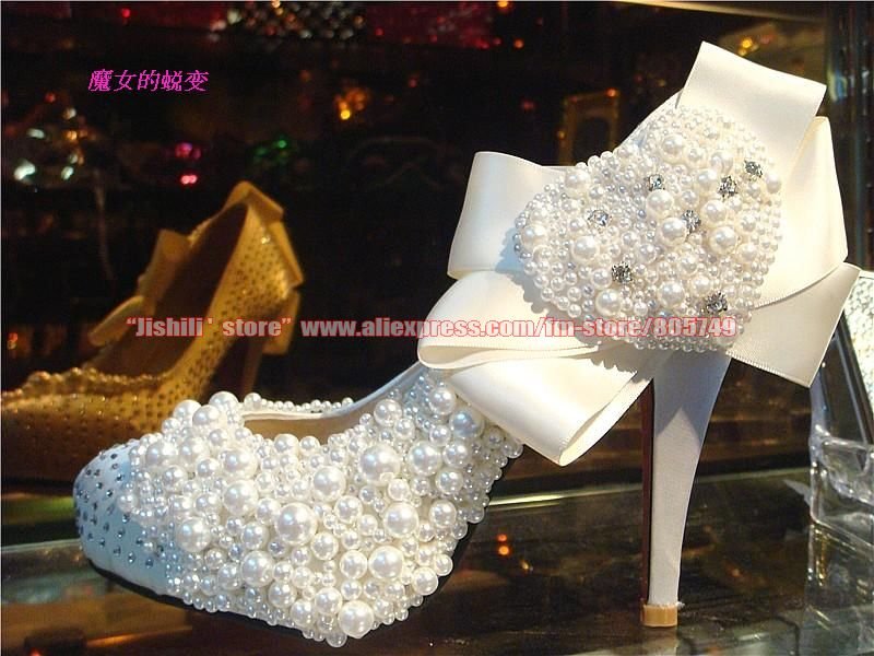  Bridal shoes party shoes Single shoes with high heels white pearl 
