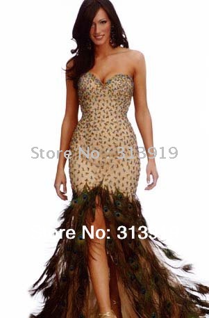 free shipping sweetheart neckline peacock feather dress hot sale wholesale