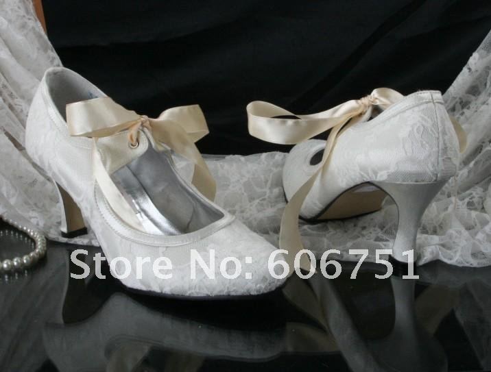 Round toe bridal shoes lace upper high heel shoes wedding shoes white ivory