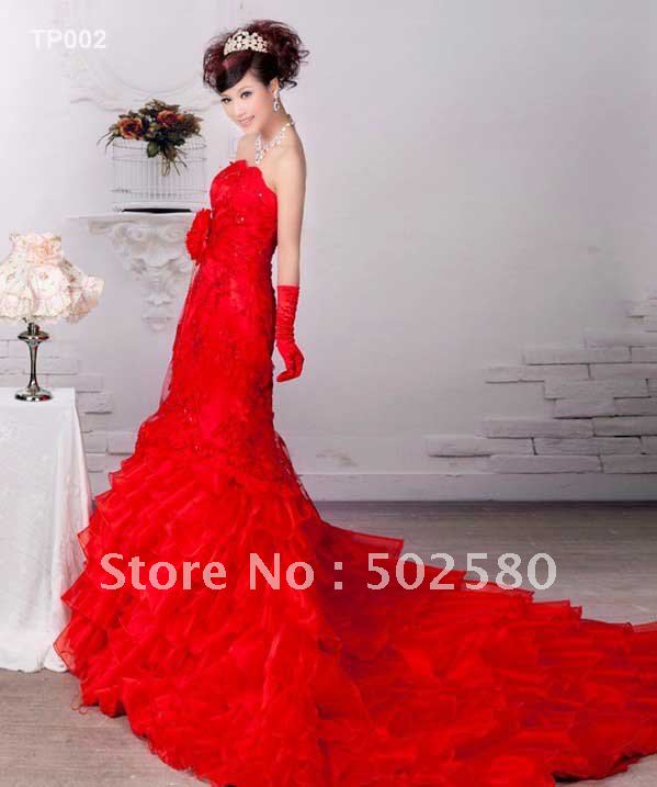 TP002 Red color long trailing bridal dress wedding dress