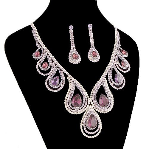Noble Purple Crystal Drop Bridal Jewelry Set 925 Sterling Silver Necklace 