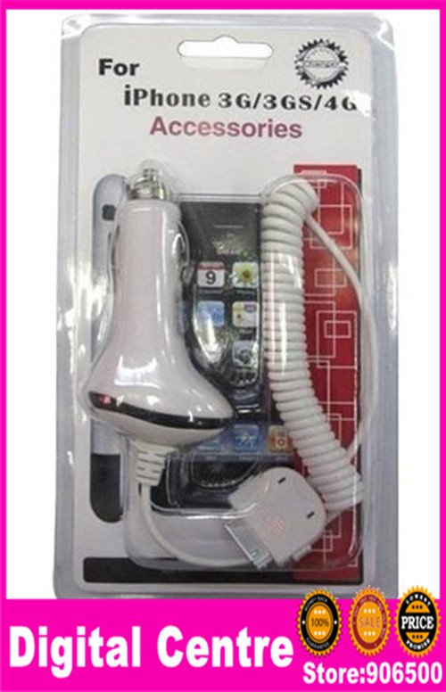 White Coil Cord Car Charger for iPhone 3G for iPhone 4for iPod series Free