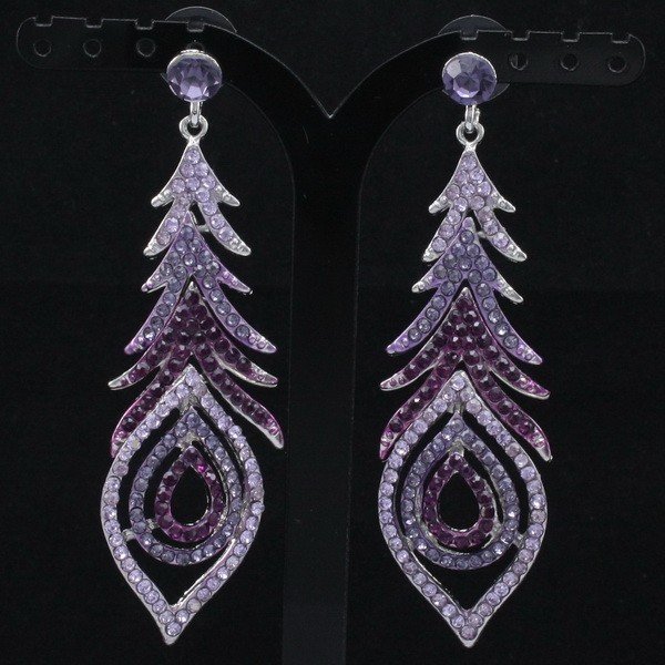 Alloy Pretty Purple Crystal Feather Pierced Earring Wedding JewelryFree 