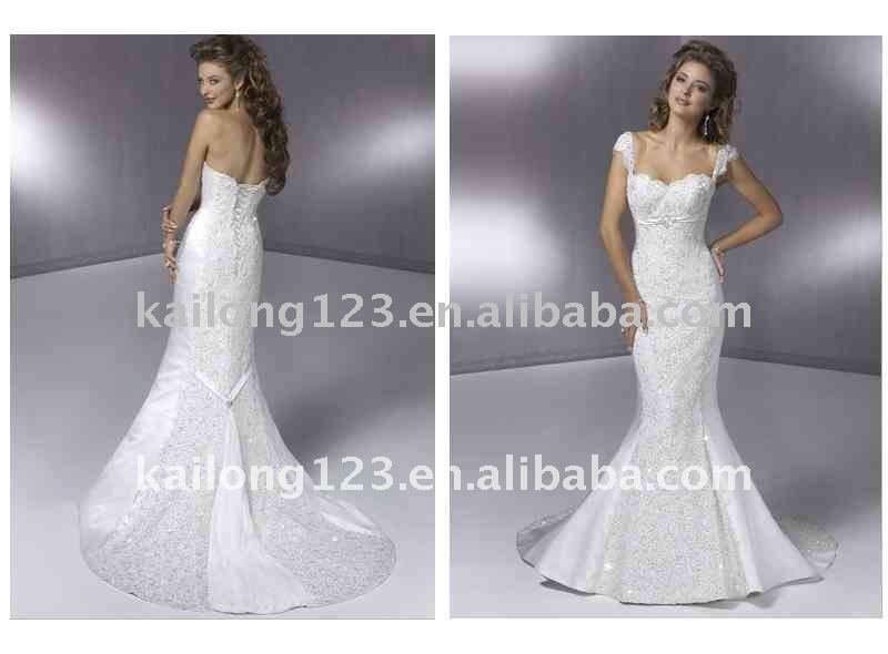 Charming trumpet with removable cap sleeves beaded lace wedding dress