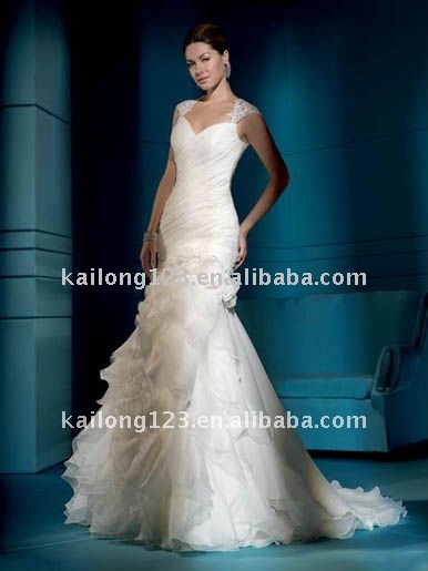 New style trumpet cap sleeves ruffled organza bridal gown
