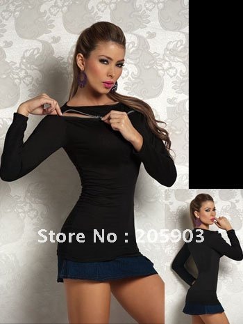  Lingerie Womens Clothing on Women Apparel T Shirt Girl Clothing Zipper Trim Long Sleeve Top 25010