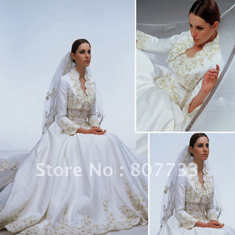 2012 Modest Golden embroidery long sleeves muslim wedding dress