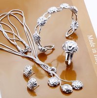 Envío Gratis por mayor de moda Conjunto de joyas, collar de plata de ley 925 y brazaletes y aretes y anillo de Calidad Set.Nice Jewelry.Good (China (continental))
