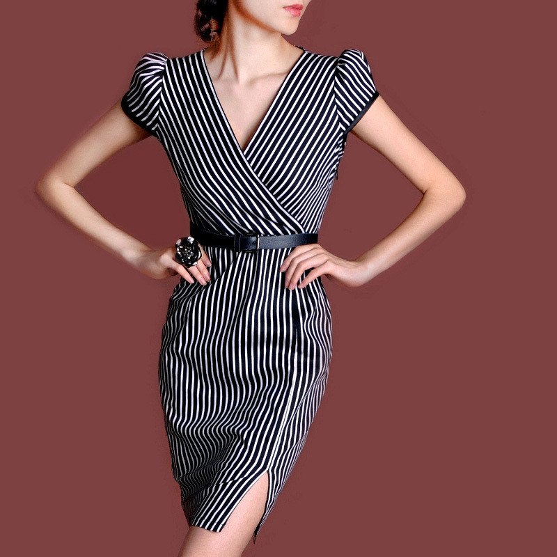 shipping- Elegant women dresses S-XXL Size striped V-neck work dresses ...