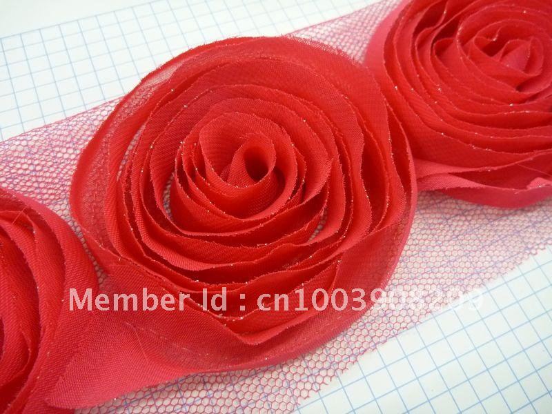 70mm Red Mesh Chiffon Lace Edge Rose Dress Trim Decorate Ribbon