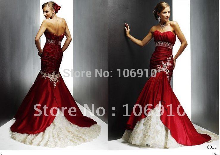 Free shipping HOT sexy strapless wedding dresses red taffeta trumpet wedding
