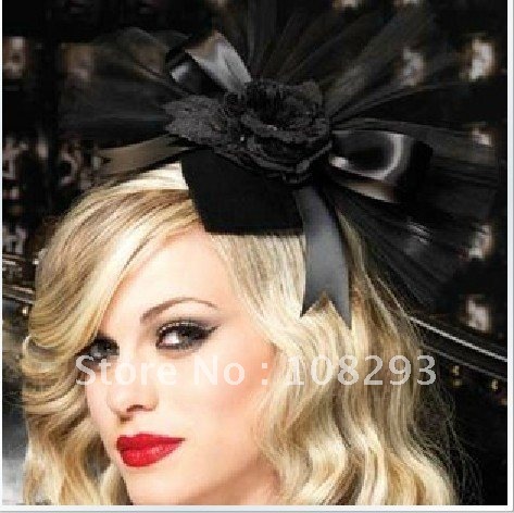 Party pictorial exaggeration black bowknot flowers nets yarn little hat 