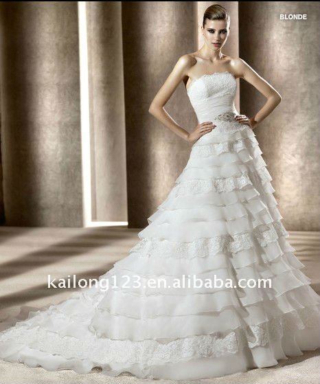 2012 New arrival Strapless Tiered White Organza Lace Bridal dress