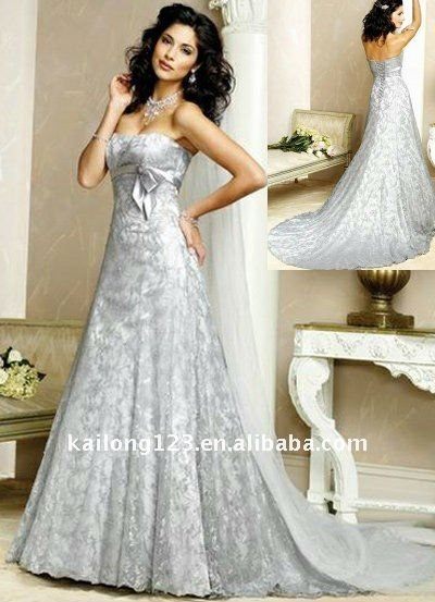 Popular Strapless Empire Printed Lace Silver Bridal gown