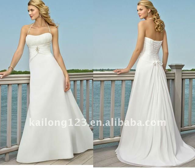 Beach Casual Beading Ruched Halter Lace Up Wedding gown