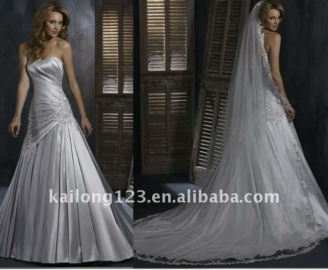 Sparkle Strapless Draped Beading Appliqued Silver Satin Wedding gown
