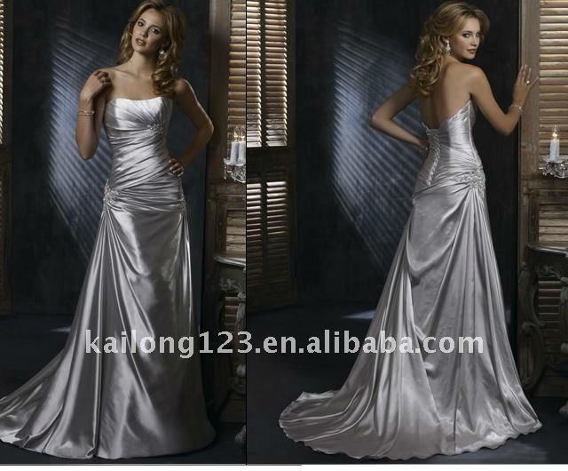 Vintage Strapless Pleated Ruching Silver Wedding dress
