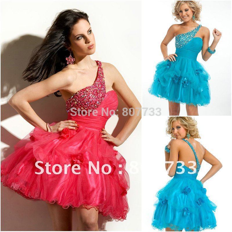 New plus size C0084 beaded organza blue red one shoulder cocktail dress