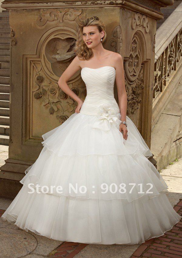 Free Shipping 2012 Style Strapless Organza Ball Gown Wedding Dress with 