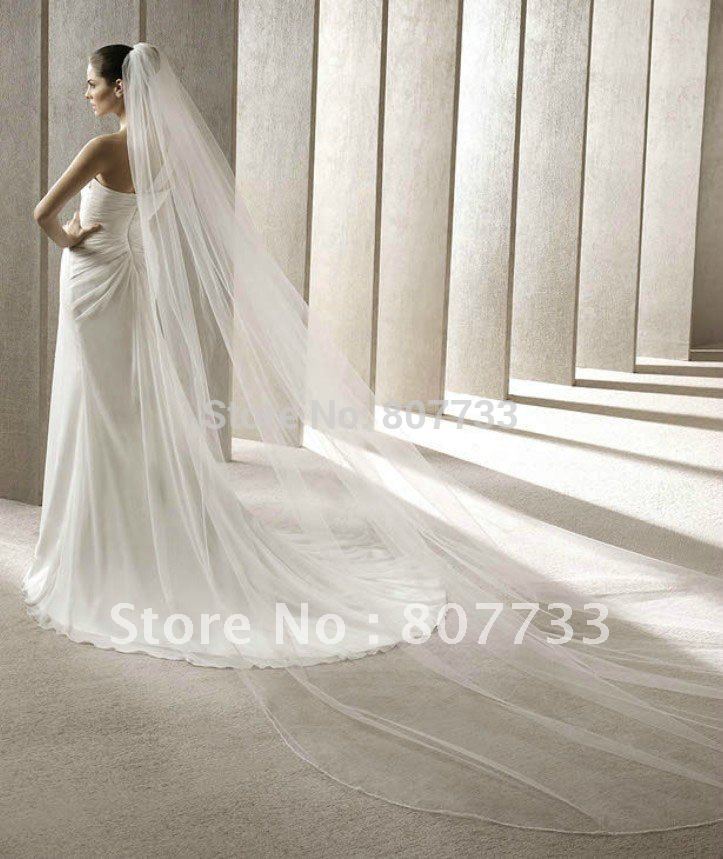V006 simple modern long tulle cathedral wedding veil 2011