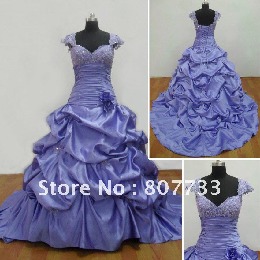 Real sample RE038 cheap Embroidery cap sleeves purple wedding dress
