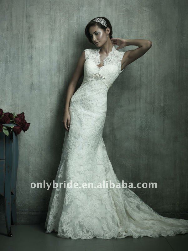 Free Shipping Customized Romatntic Cap Sleeves Mermaid Lace Wedding Gown