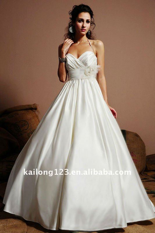 Royal Ball Gown Sweetheart Halter Feather Pleated Satin Bridal gown