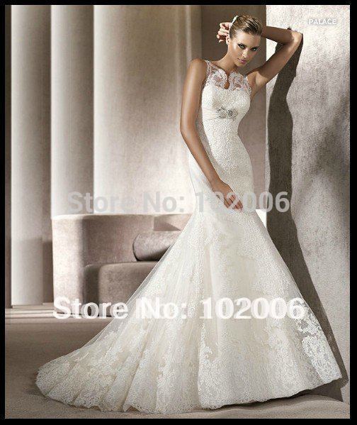  Newest Classic High Neck Empire Lace Mermaid Wedding Dresses HLWD2496