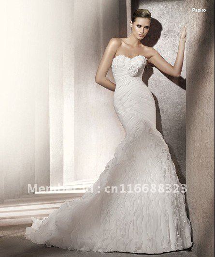 2012 Mermaid Sweetheart Pleated Flowers Chapel Train Wedding Dresses Bridal