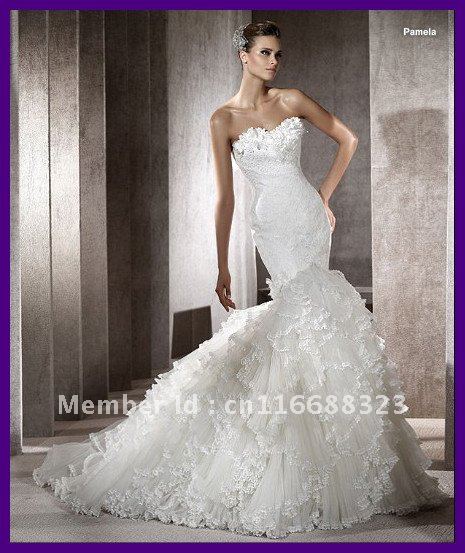 2012 Mermaid Sweetherat Applique Pleated Organza Bridal Gowns Wedding 
