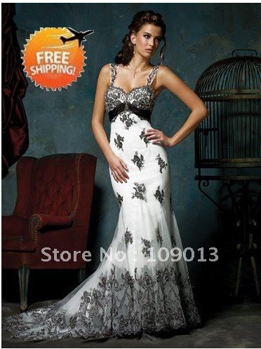 Wholesale Noble Customized Chiffon White With Black Flowers Wedding Dresses