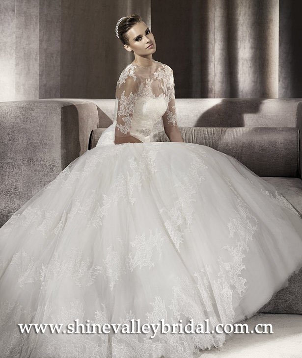 Design PV341 Illusion Neckline Lace Sleeves Puffy Tulle Wedding Dress