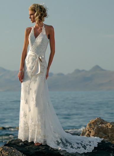 2012 Hot Chic Halter Applique Sashes Court Train Bridal Gowns Beach Wedding