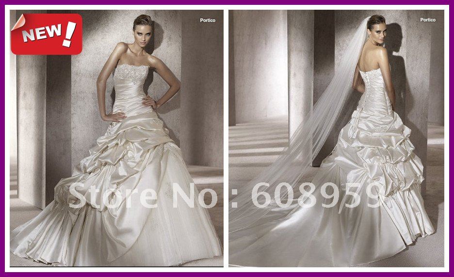 2012 Ball Gown Strapless Applique Ruffles Charmeuse Cathedral Train Bridal 