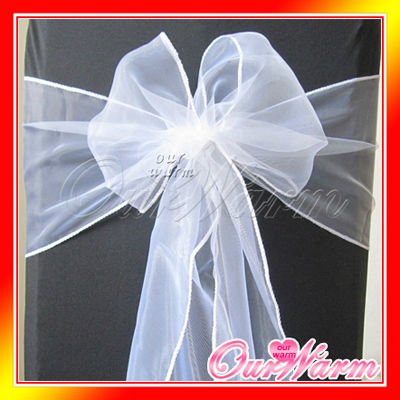 Free Shipping 100 Pieces White 7x108 Organza Chair Sash Bow Wedding Party