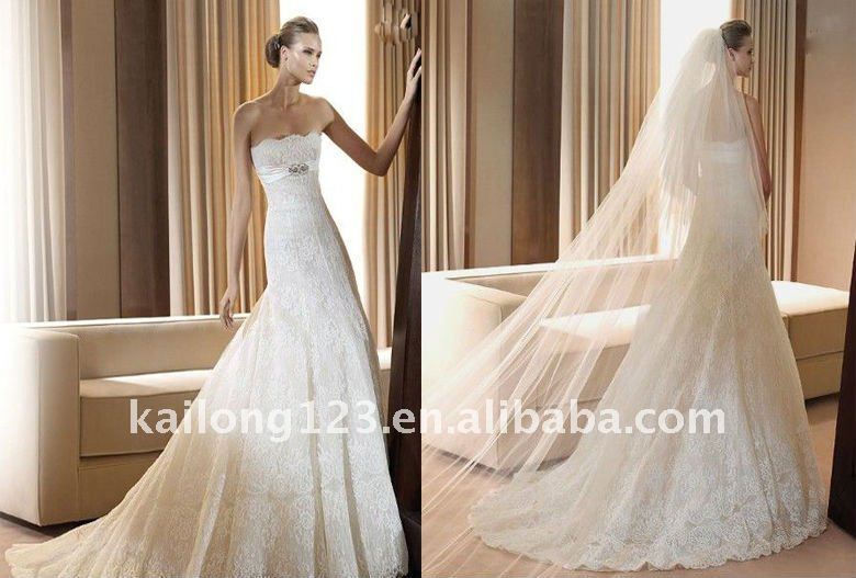 Popular Dropped Aline Strapless Lace Wedding gown