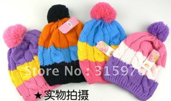 hot Children's threecolor wool knit hat ball cap rainbow children caps 