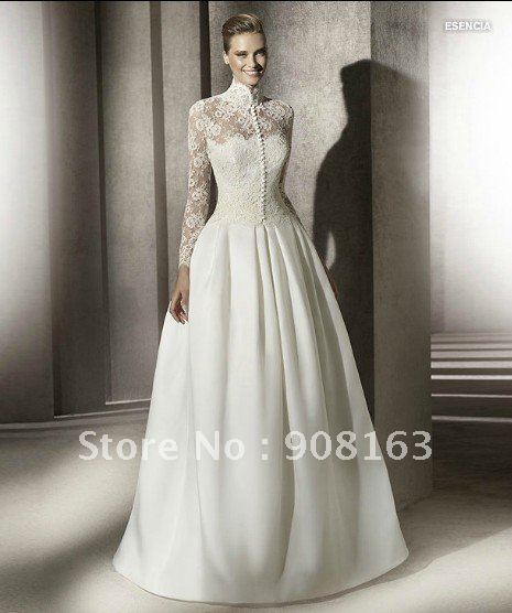 New Arrival White Satin Lace Top Long Sleeve Wedding Dress 2012