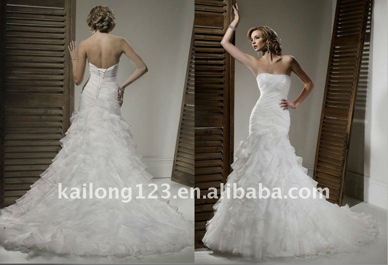 Sparkle Mermaid Strapless Tiered Ruffles Ruched Draped Organza Wedding Gown